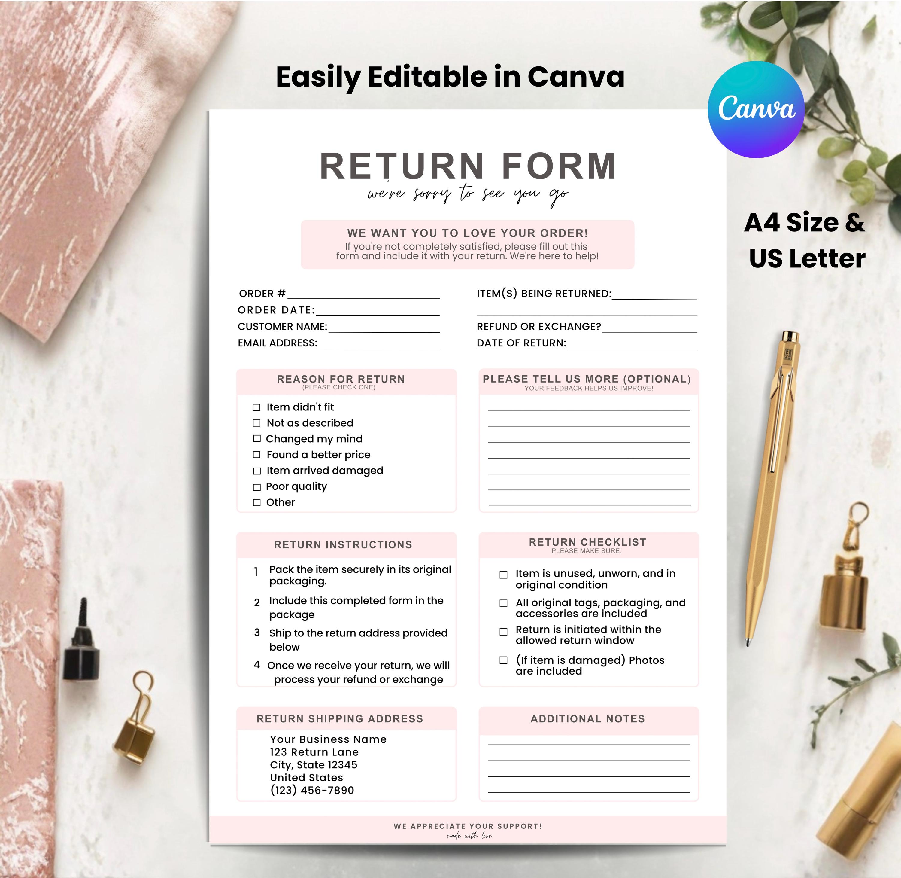 Return Form Template Editable Canva, Order Return Form Printable, Small ...