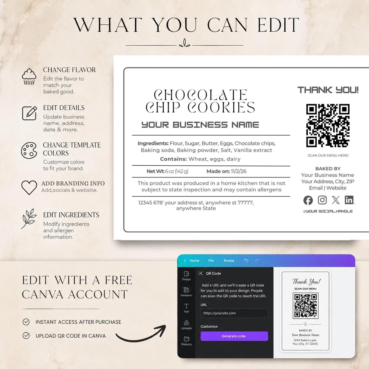 Editable Bakery Label Template Canva | Cottage Food Label | QR Code ...