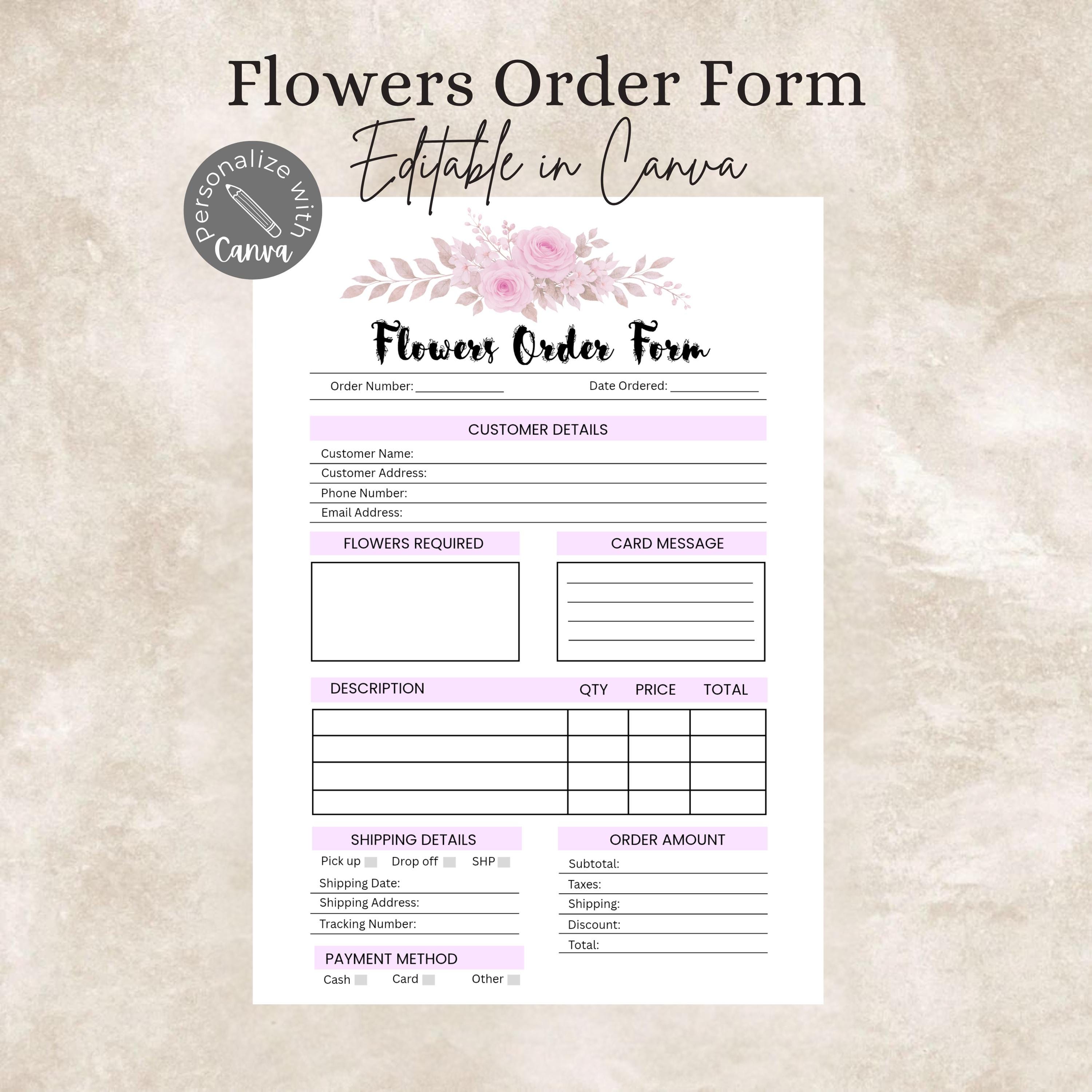 Editable Floral Order Form Template, Printable Flowers Order Form ...