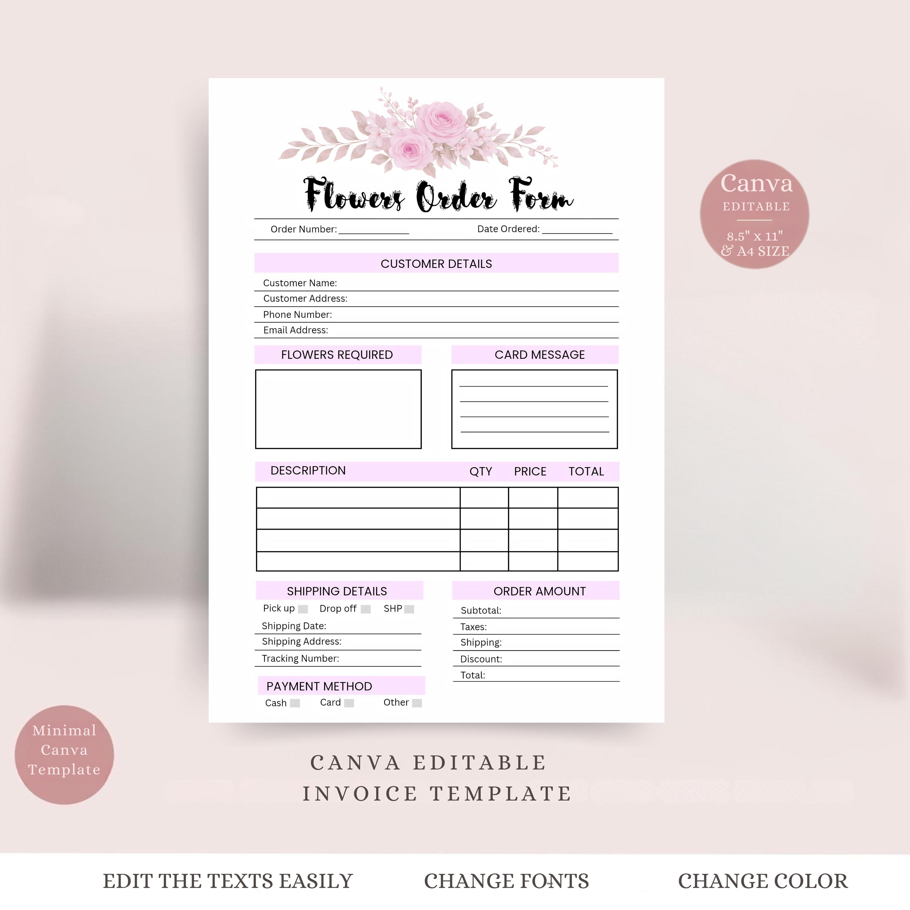 Editable Floral Order Form Template, Printable Flowers Order Form ...