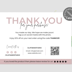 May include: A white card with the text "THANK YOU for your purchase!" in a mauve color. The card includes the text "You made our day. We hope we make yours!" and social media icons. A QR code and the text "CLIPVANESTUDIO" are also present.