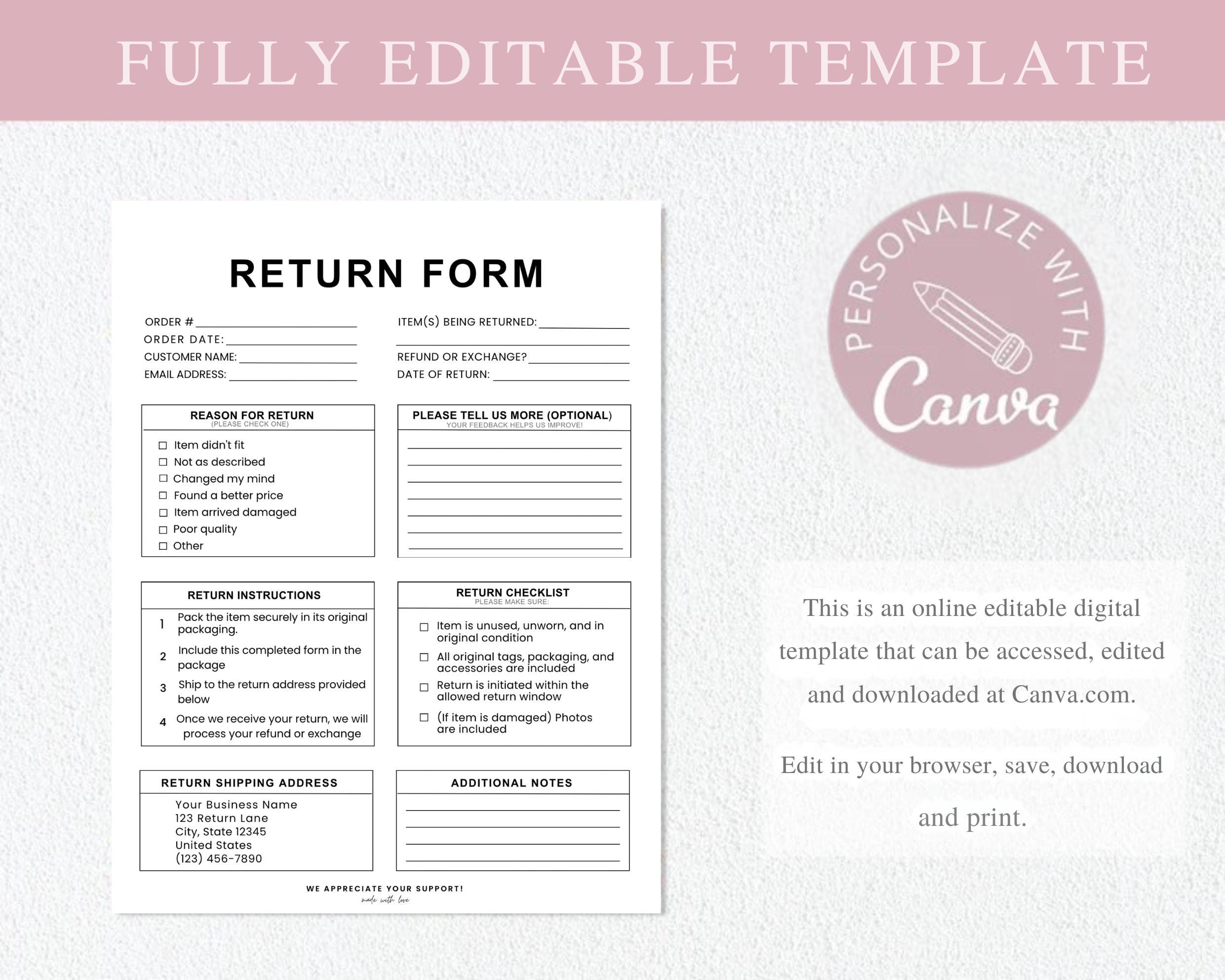 Return Form Template Editable Canva, Printable Refund Exchange Form ...