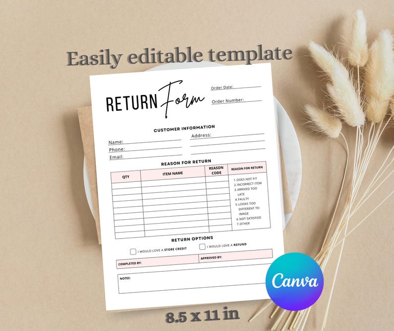 Minimalist Return Form Template, Printable Refund Exchange Form ...