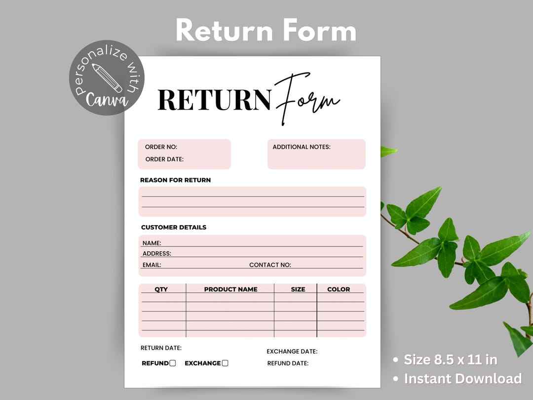 Return Form Template Editable Canva, Refund Exchange Form, Small ...