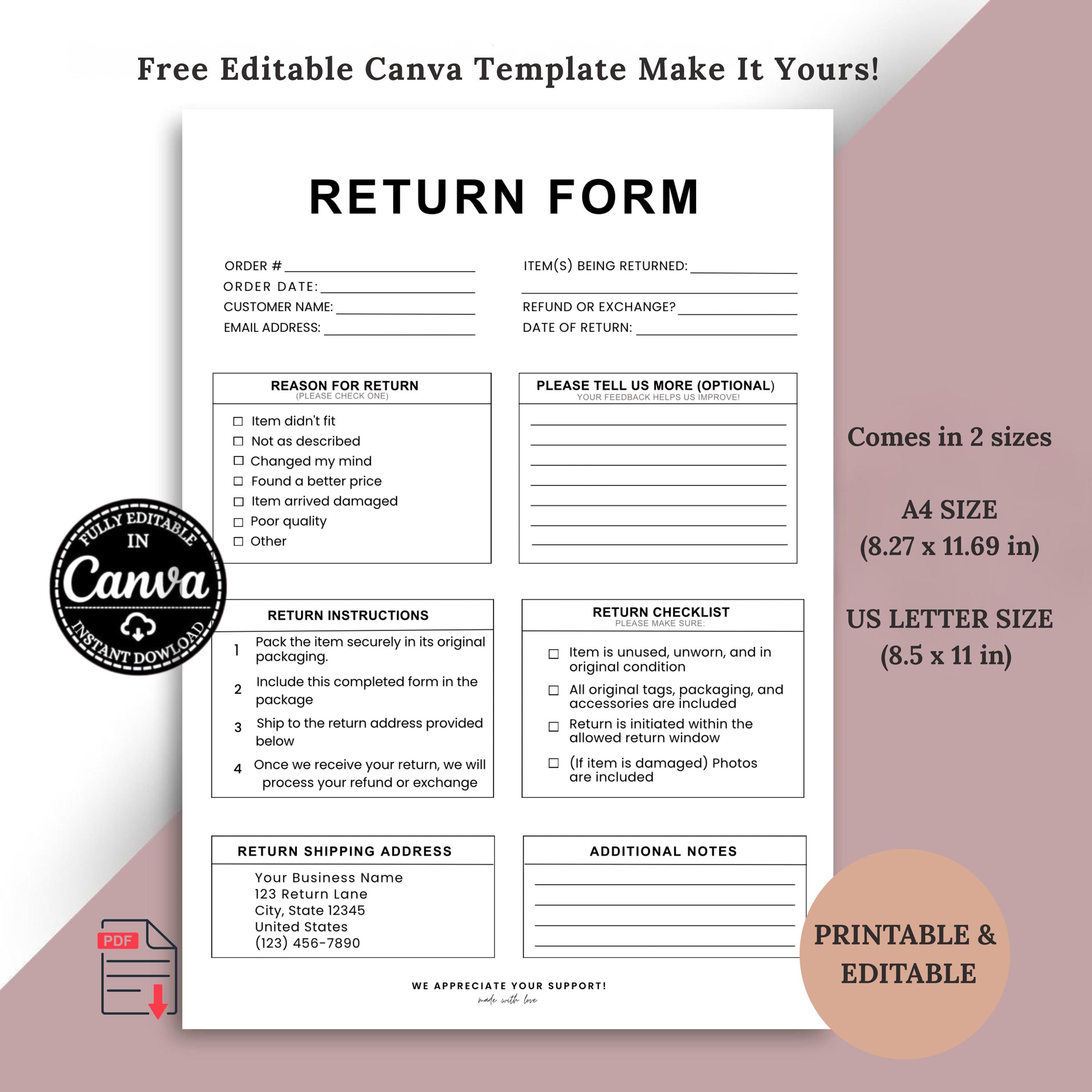 Return Form Template Editable Canva, Printable Refund Exchange Form ...