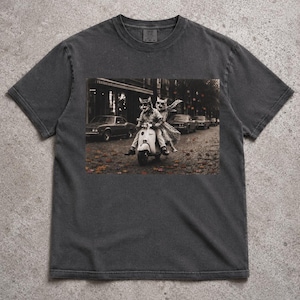 Camiseta retro con estampado de patinete de gato, camiseta vintage lavada, estampado de dúo felino caprichoso