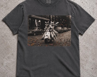 Retro Cat Scooter Graphic Tee, Vintage Washed Shirt, Whimsical Feline Duo Print