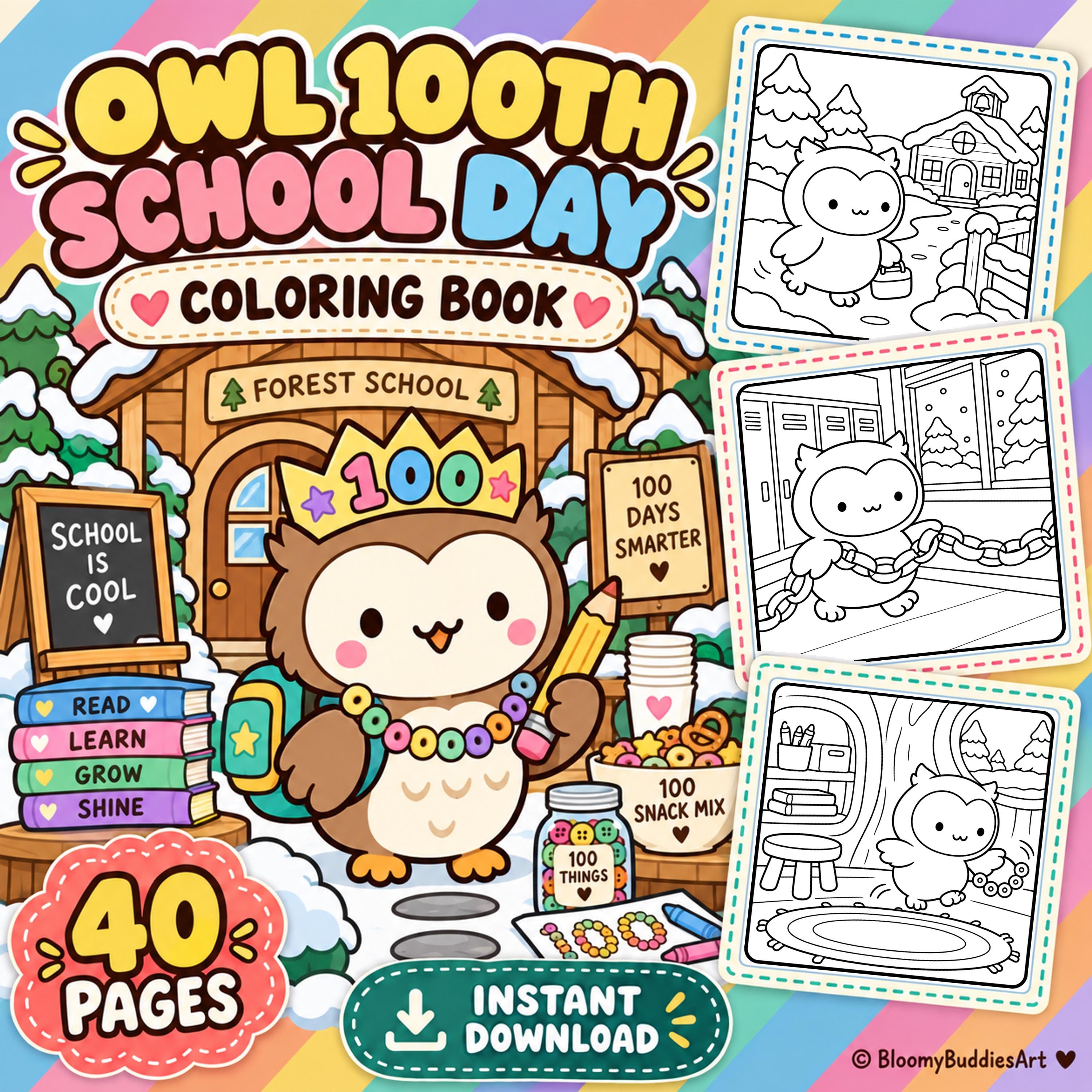 100th Day of School Owl Coloring Book, Kindergarten Activity Pages for Kids, Classroom Printable PDF