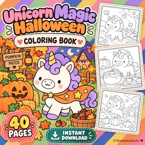 May include: A Unicorn Magic Halloween colouring book with 40 pages and an instant download feature. The cover features a white unicorn with a purple mane wearing an orange cape, pumpkins, and a wooden sign reading Pumpkin Patch.