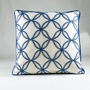 Blue and Ivory Embroidered Pillow Cover