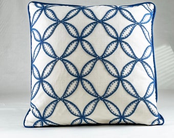 Blue and Ivory Embroidered Pillow Cover