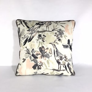 Gray, blush, ivory plumed bird pillow cover