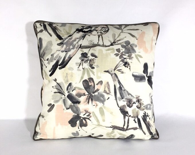 Gray, blush, ivory plumed bird pillow cover