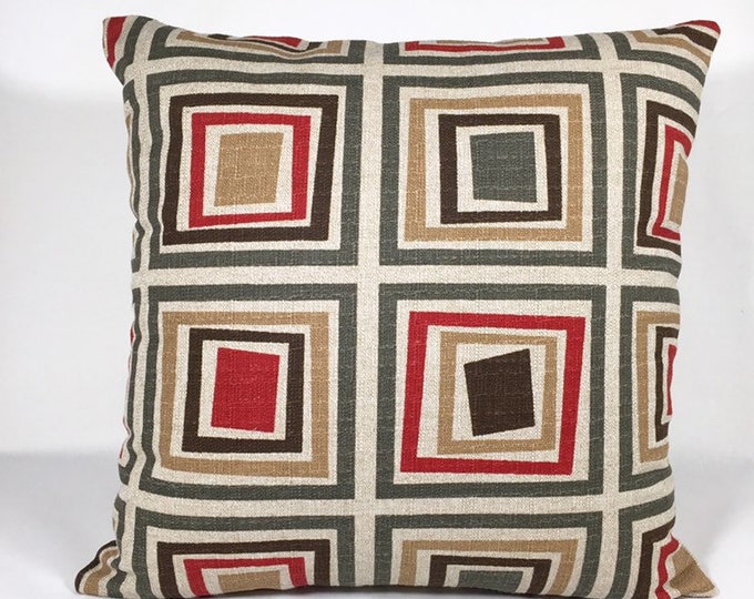 Taupe, gray, brown, tan, red geometric print pillow cover 18 x 18