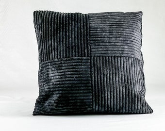 Black wide wale fur corduroy pillow cover