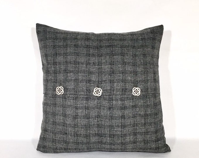 Gray plaid button pillow cover