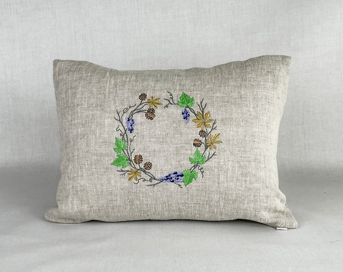 Grapevine wreath embroidered lumbar pillow cover