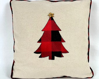 Plaid embroidered Christmas tree pillow cover