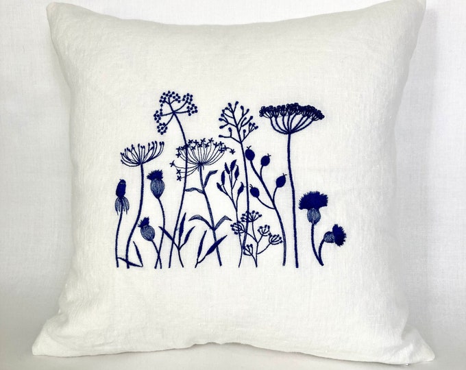 Machine embroidered wildflowers on linen pillow cover