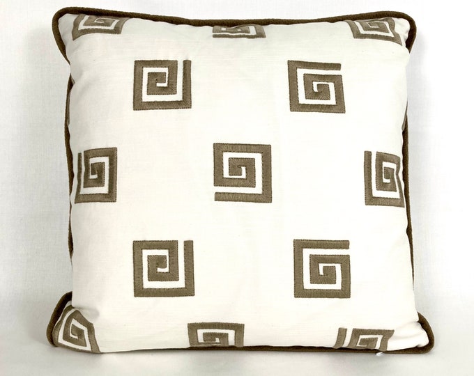 Beige Greek key embroidered pillow cover