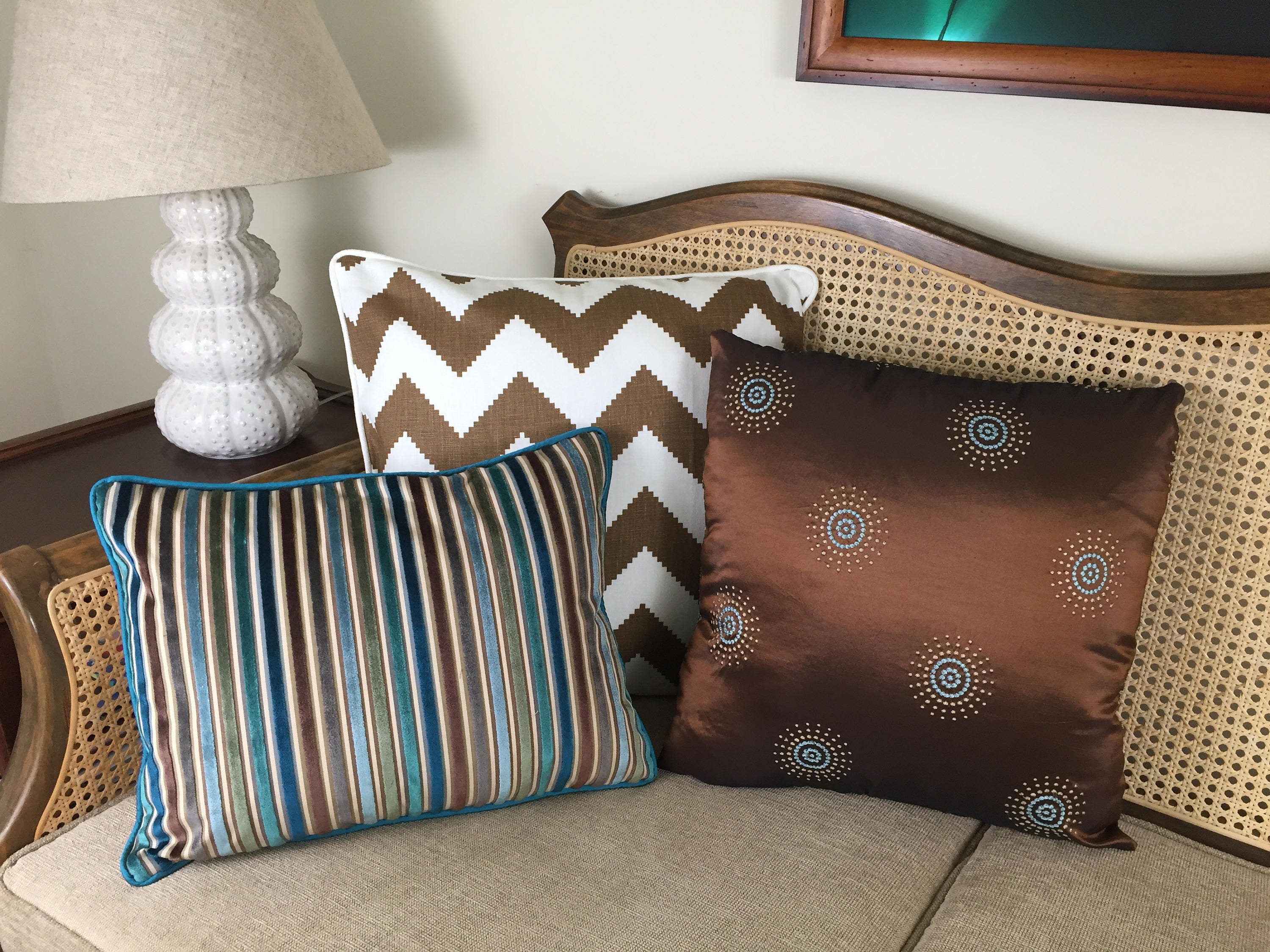Aqua and Teal Velvet Striped Lumbar Pillow Cover