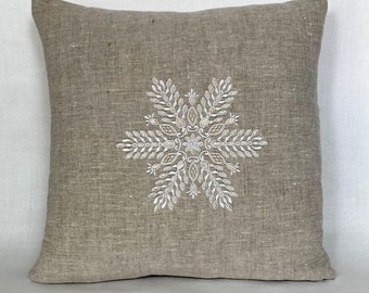 Rustic linen embroidered snowflake pillow cover