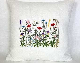 Embroidered wildflowers linen pillow cover