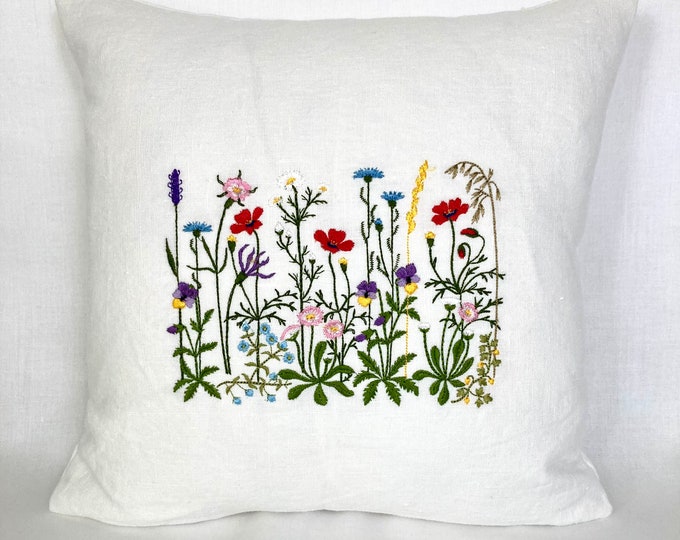Embroidered wildflowers linen pillow cover