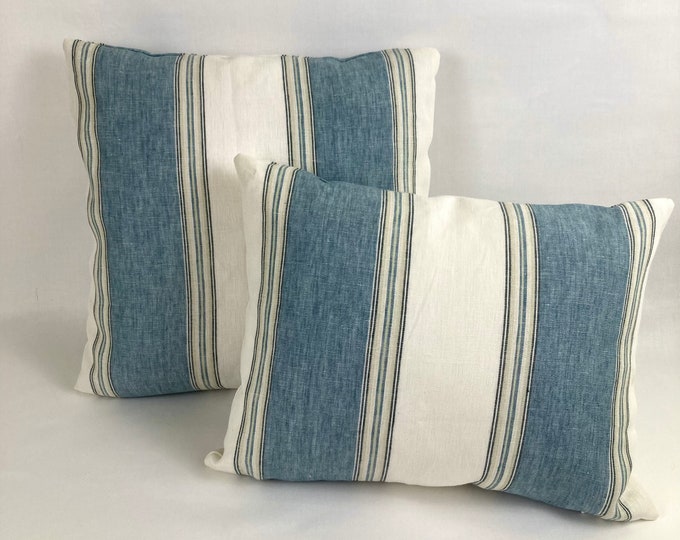 Blue and ivory striped linen pillow cover