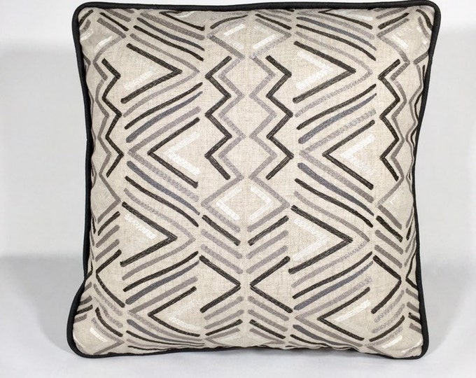 Embroidered zigzag gray, beige and ivory pillow cover