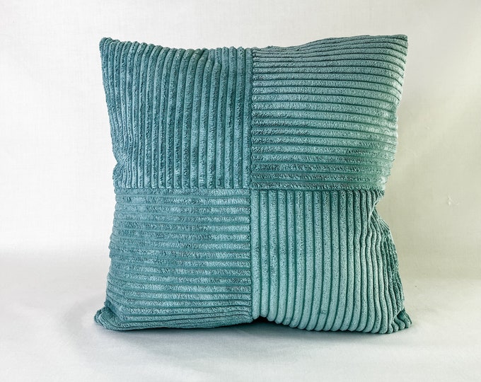 Aqua blue wide wale fur corduroy pillow cover