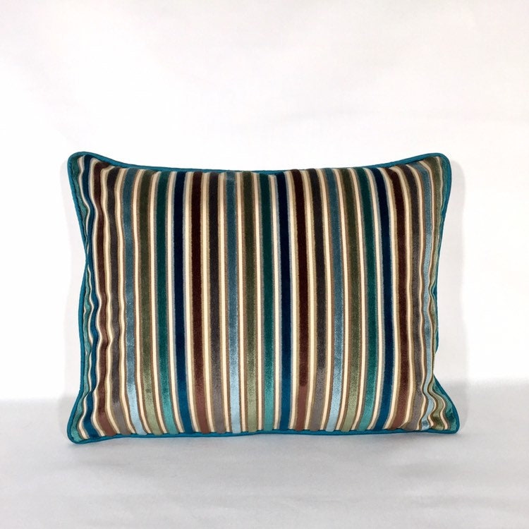 Aqua and Teal Velvet Striped Lumbar Pillow Cover