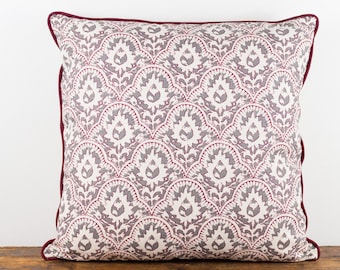 Gray, cream and maroon ethnic print pillow cover
