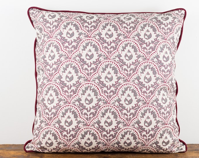Gray, cream and maroon ethnic print pillow cover