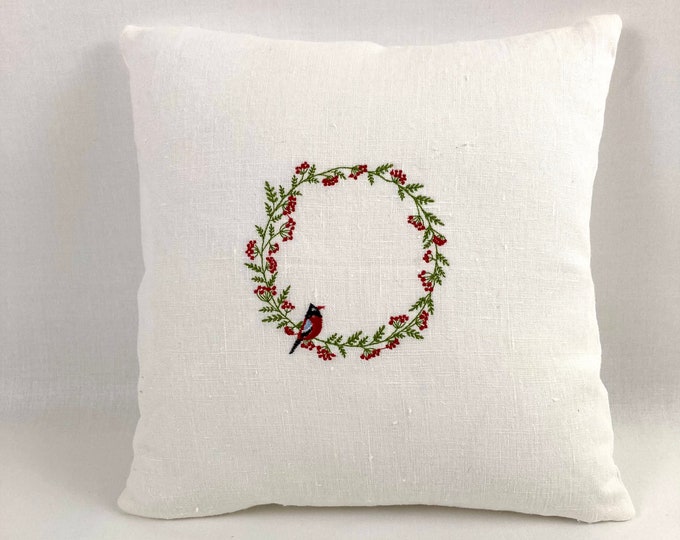 Red bird on wreath embroidered  pillow cover