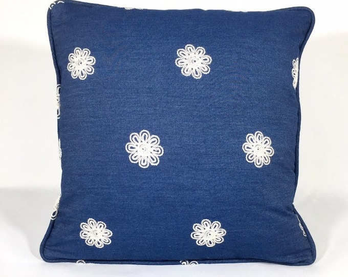 Navy pillow cover with ivory embroidered flowers