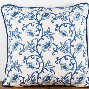 Blue and natural block print pillow cover