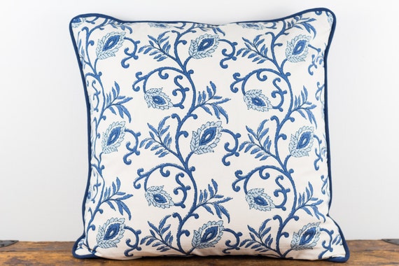 Blue and natural block print pillow cover