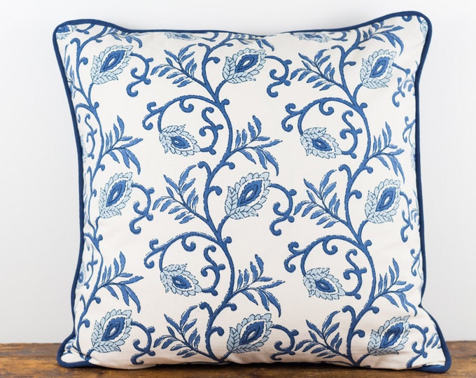 Blue and natural block print pillow cover