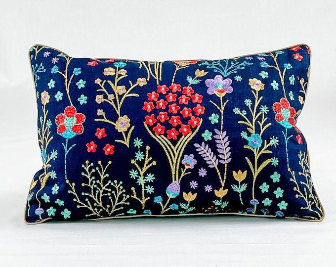 Navy multicolored floral embroidered lumbar pillow cover