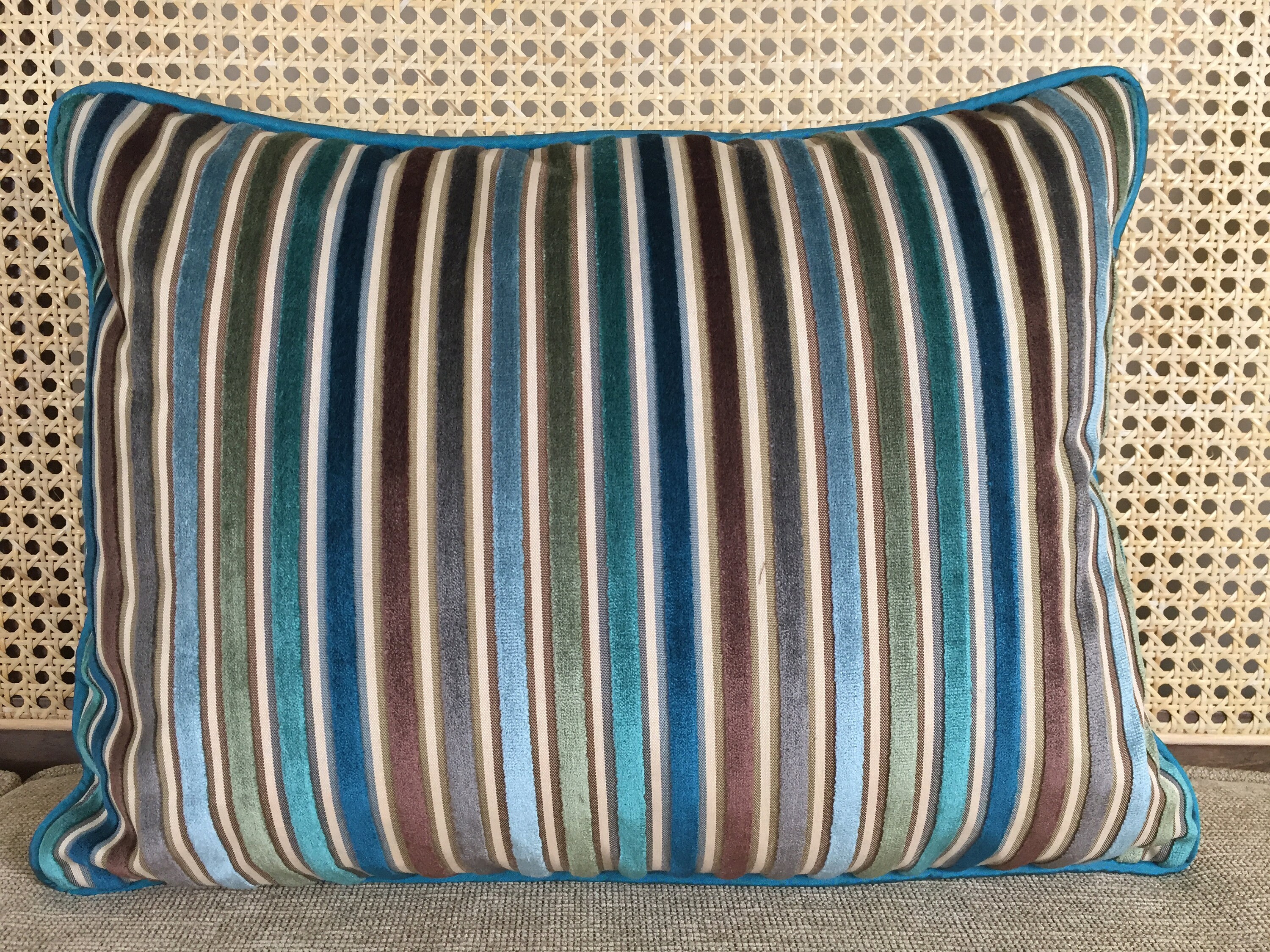 Aqua and Teal Velvet Striped Lumbar Pillow Cover