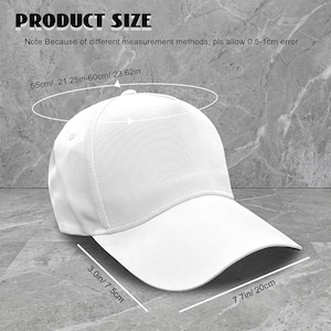 May include: A plain white baseball cap with a structured crown and curved brim. Text indicates a circumference of 21.25 inches to 23.62 inches, a brim length of 3.0 inches, and a total length of 7.7 inches, with a note allowing for 0.2 to 0.4 inch error.