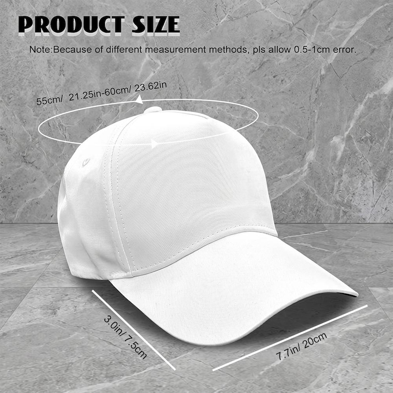 May include: A plain white baseball cap with a structured crown and curved brim. Text indicates a circumference of 21.25 inches to 23.62 inches, a brim length of 3.0 inches, and a total length of 7.7 inches, with a note allowing for 0.2 to 0.4 inch error.