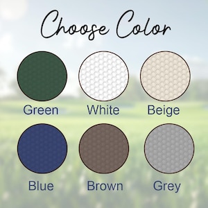 May include: A color selection chart featuring the text Choose Color at the top. Below are six circular swatches with a hexagonal pattern in green, white, beige, blue, brown, and grey. Each circle is labeled with its corresponding color name below.