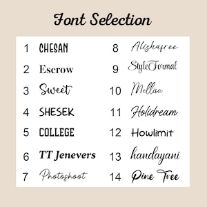 May include: A font selection chart titled Font Selection featuring a numbered list from 1 to 14. The list displays various black typeface styles including CHESAN, Escrow, Sweet, SHESEK, COLLEGE, TT Jenevers, Photoshoot, Alishafree, StyleFormal, Mellisa, Holidream, Howlimit, handayani, and Pine Tree.