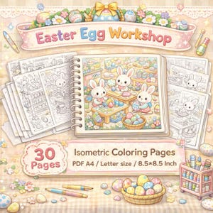 Può includere: Un libro da colorare a spirale aperto con il titolo "Easter Egg Workshop" e il testo "Isometric Coloring Pages". Il libro presenta illustrazioni di coniglietti che decorano le uova di Pasqua. L'immagine include anche un cestino di uova decorate e materiale per colorare.