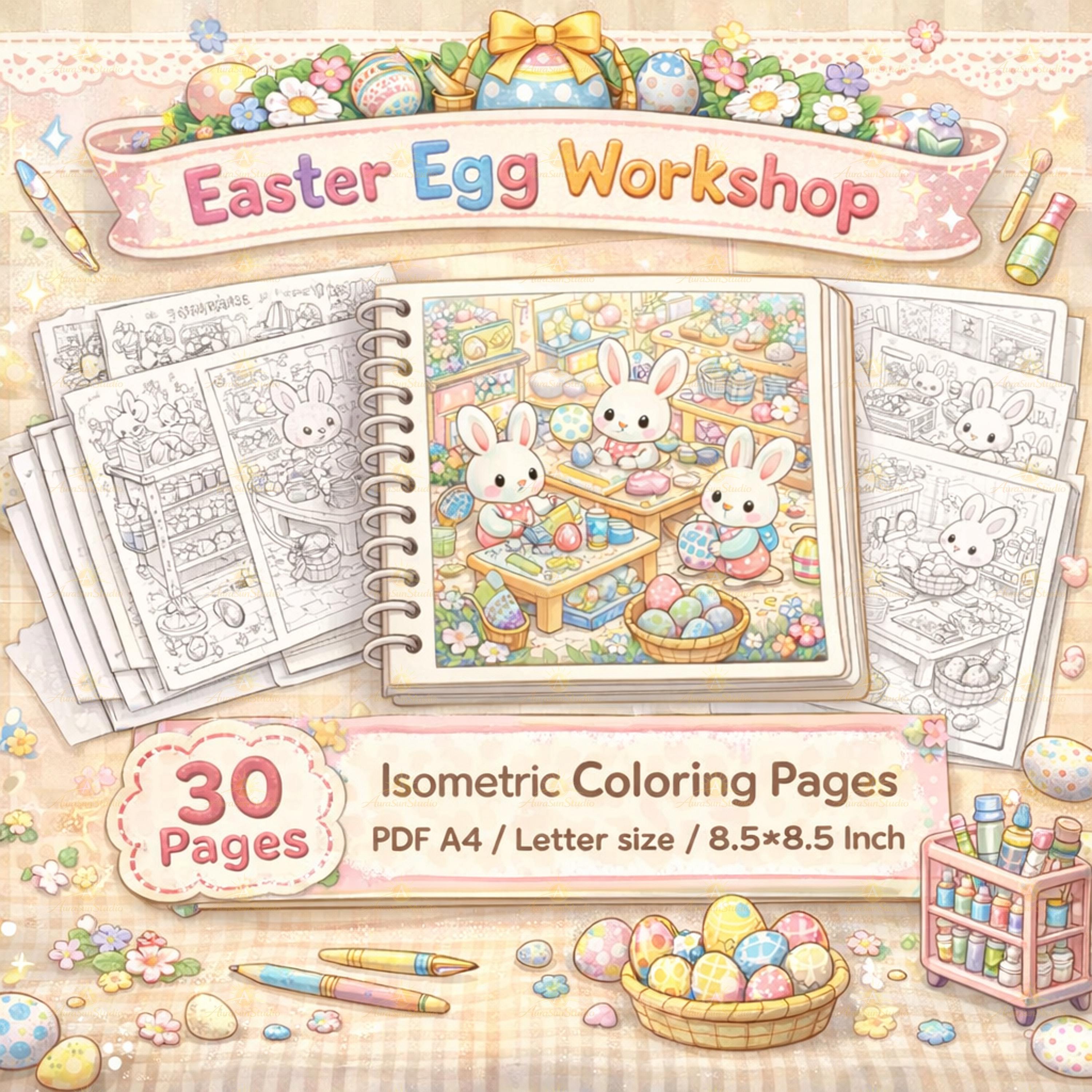Easter Egg Workshop Coloring Book | Isometric Activity Pages (digital ...