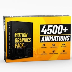 May include: A product box with a black and yellow design. The box features the text "MOTION GRAPHICS PACK" and "4500+ ANIMATIONS". Additional text includes "22 Categories", "Free Extension", "4K Resolution", "Auto Resize", "Lifetime Updates", and "SFX Included".