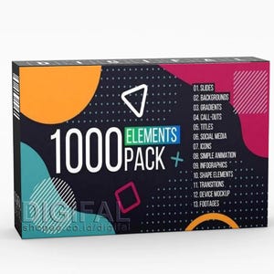 May include: A product box with the text "1000 ELEMENTS PACK +" in white. The box has a dark blue background with colorful geometric shapes and a list of elements. The website address shopee.co.id/digifal is also visible.