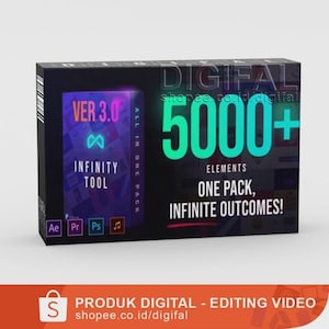 Könnte beinhalten: Eine schwarze Box mit dem Text "DIGITAL" und "5000+ ELEMENTS". Die Box enthält auch den Text "INFINITY TOOL" und "ONE PACK, INFINITE OUTCOMES!" in Weiß und Grün. Die Box hat die Logos für Adobe After Effects, Premiere Pro und Photoshop.